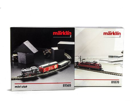 Two Marklin Z Gauge Continental DB Train Set Packs,  comprising set 81569 with 0-6-0 tank locomotive, two wagons, track and c