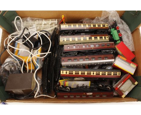 A Collection of OO Gauge Model Railway by Various Makers, including Hornby 0-4-0T no 9 in bright green and three LMS coaches,