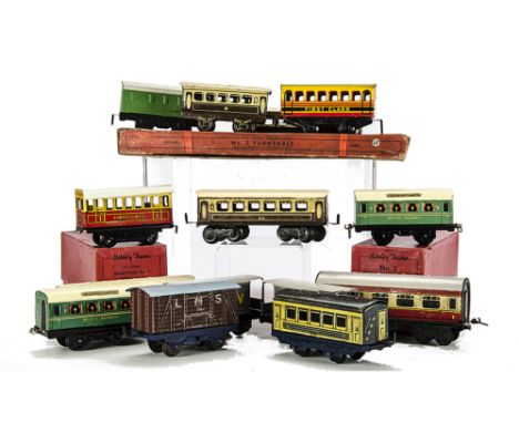 A Collection of British O Gauge Trains and Accessories by Various Makers, including two boxed Hornby Signals and turntable, V