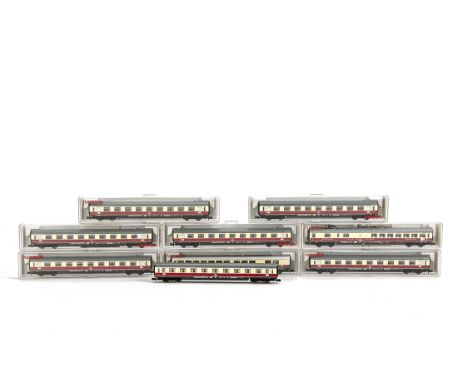 Fleischmann N Gauge DB Coaching Stock, in DB maroon/cream livery, comprising ref 8160 1st class coaches (7), 8162 T-E-E Speis