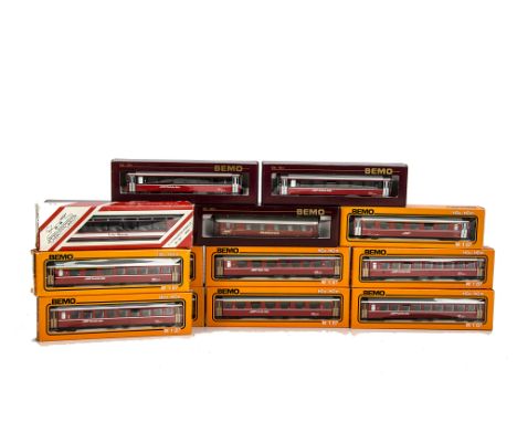 Bemo HOm Narrow Gauge RhB Coaching Stock, twenty-two assorted coaching stock in RhB red livery, together with one similar by 