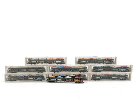 Fleischmann N Gauge DB Car Transporter Wagons, comprising ref 8284 and 8285 bogie car transporters, eight with loads of 8 Wik