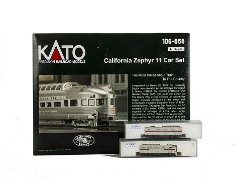 American N Gauge Burlington Diesel Locomotives and California Zephyr Coach Set by Kato, including F7 A and B locomotive units
