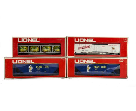 Lionel O Gauge Freight Stock, including Planters Hopper Wagons (2), Budweiser Beer Reefer, and Heinz Pickle Car, in original 