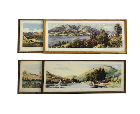 Framed Railway Carriage Prints approx 26" x 11",  Of Scottish Subjects, in varnished wood frames, including 'Loch Eck', 'Ben 