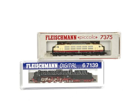 Fleischmann N Gauge German Steam and Electric Locomotives, comprising ref 67139, a Digital-equipped DR 2-8-2 steam locomotive