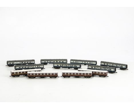 Graham Farish and Lima N Gauge UK outline Coaches,, Lima BR blue and grey MK 4 Coaches (7) and GF maroon and white CR coaches