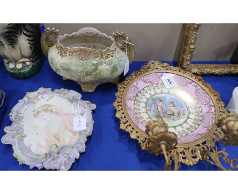 An Austrian wall sconce, the gilt metal surround with candle holders, and with a porcelain plate to centre with transfer prin