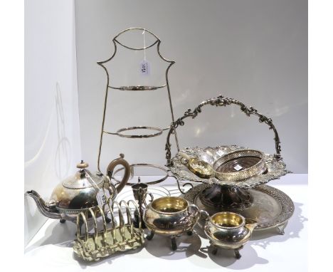 lot comprising a tray lot of EP - tea service, swing handled basket etc. &amp; a three tier cake stand Condition Report: Avai