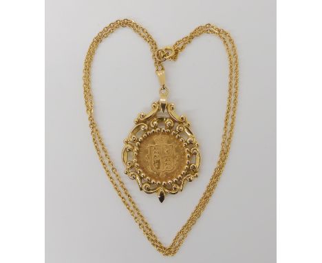 An 1874 gold shield back half sovereign in 9ct pendant mount, with 9ct chain, length 50cm, weight combined 13gms Condition Re