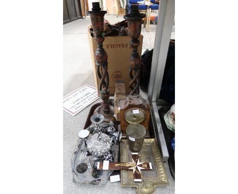 A woodworking plane, a pair of candlesticks, mantle clock, a enamel liquor set etc Condition Report: Not available for this l