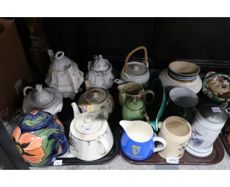 Assorted tea pots and pitchers, many with floral decoration, a Stuart Bass Exmoor pottery planter etc Condition Report: Not a