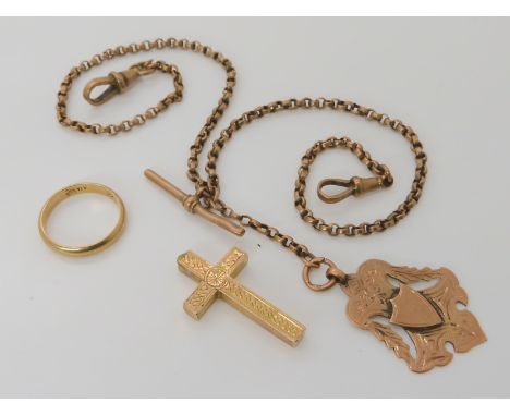 A 9ct watch chain, length to 'T' bar, 40cm, a German 8ct gold wedding ring size O, and a (af) cross, weight combined 20.4gms 