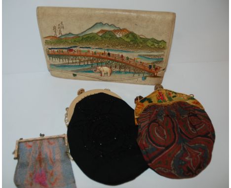 Four various evening bags Condition Report: paisley fabric bag - silk lining completely shattered. painted white leather bag 