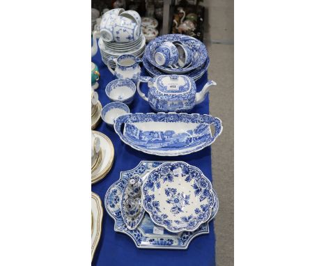 A Copeland Spode two handled oval shaped dish, teapot, two soup dishes, a bowl, three cups, two bowls, a Royal Copenhagen blu