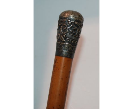 A white-metal mounted walking cane, swagger stick, bed pan (af) and a parasol (4) Condition Report: Available upon request