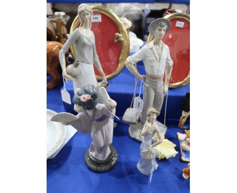 A Lladro figure of a fisherman holding baskets of fish, no 4082, a tall Nao figure of a girl, a Lladro Geisha and another fig