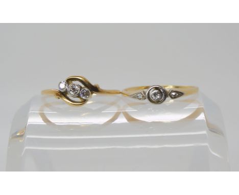 Two 18ct gold vintage diamond rings, single stone approx 0.05cts and two rose cuts, the three stone approx 0.10cts combined, 