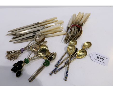 A lot comprising six silver bean coffee spoons, EP spoons, mother of pearl handled cutlery &amp; a set of five Russian silver