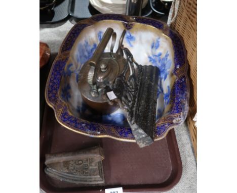 A Doulton Burslem blue and white gilt decorated basin, an iron, copper kettle etc Condition Report: Not available for this lo