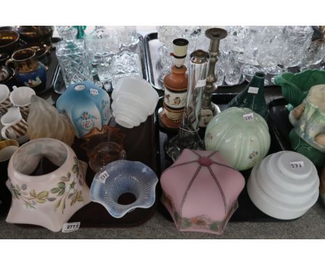 A torch flame lampshade, a vaseline glass lampshade, a pink cut glass lampshade,  other enamelled examples, a Strathearn lamp