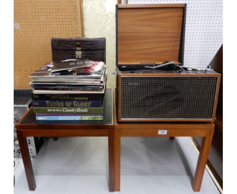 A Hacker Grenadier GP45 record player (af) together with two early 1970's Hacker Radio Ltd record player stands and a quantit