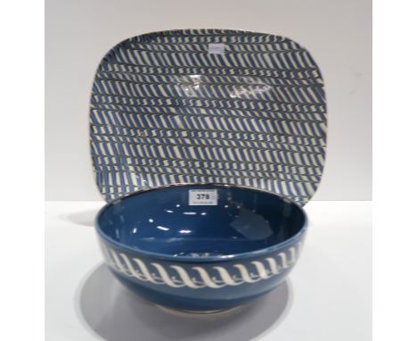 An unusual Wedgwood blue and silver decorated bowl, initialled CMH 6523 to base, 22.5cm diameter, together with a Wedgwood sl