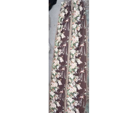 Two pairs of brown ground curtains decorated with flowers and birds, approx 377cm x 120 cm Condition Report: Not available fo