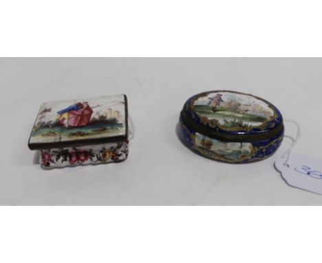 An oval French enamel box, decorated with a man holding gun, with dog, together with another depicting a amorous couple Condi