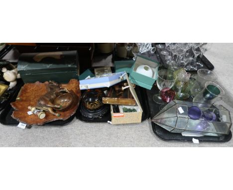 Assorted cut glass and crystal drinking glasses, white metal wire napkin rings, wooden storage box and letter rack, a pair of