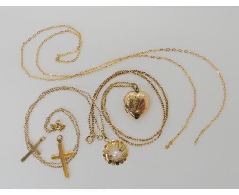 A 9ct gold pearl pendant and chain, two 9ct crosses, a 9ct back &amp; front locket with a 9ct chain and a further (af) chain 