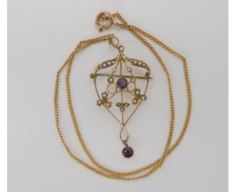 A 9ct pearl and amethyst Edwardian pendant brooch and chain, length of pendant 5.8cm, chain 40cm Condition Report: Available 