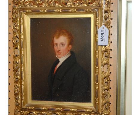 ENGLISH SCHOOL, Portrait of a gentleman, 20 x 15cm, oil on board and another of a lady with tartan shawl, oil on board, 22 x 