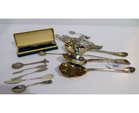 A lot comprising a silver tablespoon London 1826, a pair of silver serving spoons Sheffield 1908, a dinner fork London 1816 &