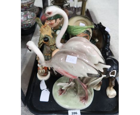 Royal Doulton character jug Sherlock Holmes, and another, a Keramos Wien flamingo group, a porcelain model of a horse, hummel