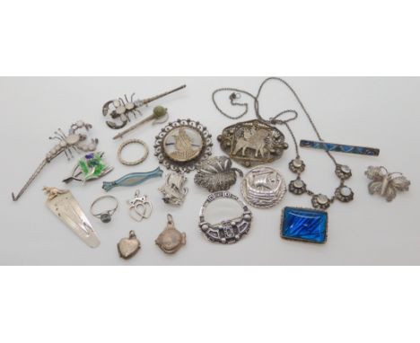 Silver brooches by Iain MacCormick, Robert Allison, a moonstone necklace, a silver and gold kangaroo bookmark etc Condition R