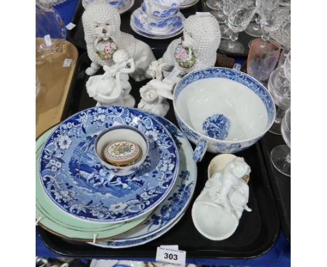 A pair of Chinese export plates (both broken and reglued), a blue and white transfer printed two handled bowl and plate, a wh