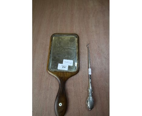 Planished Silver Handled Button Hook &amp; Walnut Backed Hand Mirror