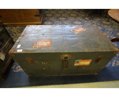 Metal steamer trunk with Cunard labels and Various vintage kilner jars