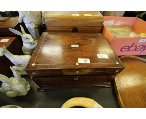 William IV Inlaid Rosewood Work Box, 3 Pewter Tankards, Snuff Box (damaged)
