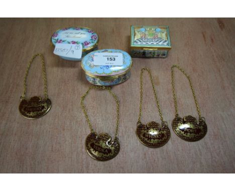3 Halcyon Days musical trinket boxes and 4 decanter labels
