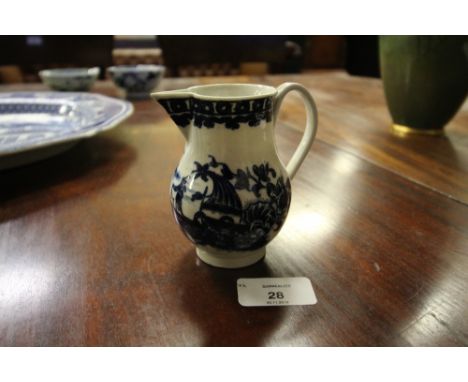 18th Century Caughley 'Cormorant Fisherman' blue and white porcelain Sparrow Beak cream jug, c. 1760, 6cm high