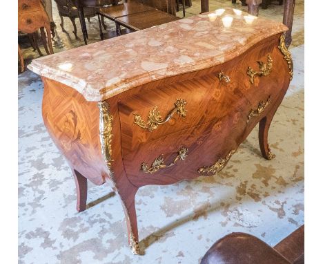 BOMBE COMMODE, Louis XV style, with a red marble top, over two inlaid drawers with gilt mounts and cabriole supports, 126cm x