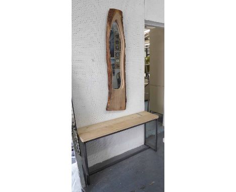 CONSOLE TABLE, made from wooden boards, on a metal base, 120cm x 30cm x 61cm H, plus a mirror with wooden edge surround, 134c