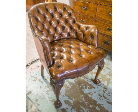 DESK CHAIR, George III design, faded tan brown leather, with curved deep button upholstered back, arms and seat, 63cm W.