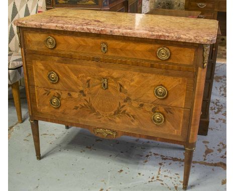 COMMODE, French Louis XVI transitional style, kingwood and tulipwood foliate marquetry and gilt metal mounted, with three lon