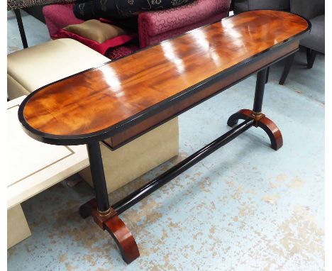 CONSOLE TABLE, oval shaped, in fruitwood with ebony edging, 154cm x 41cmx 71cm H.