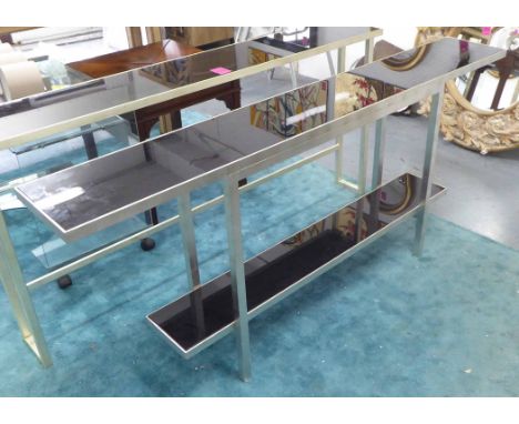 CONTEMPORARY CONSOLE TABLE, with black mirrored top and undershelf, on aluminium frame, 200cm x 30cm x 85cm H.