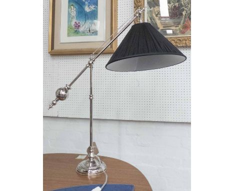 DESK LAMP, adjustable, polished metal with black shade, approx. 80cm H.