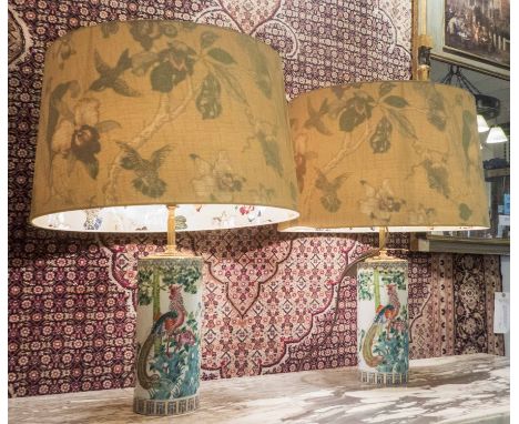 LAMPS, a pair, antique Chinoiserie decorated, ceramic brush jars converted to lamps, with shades, 50cm H. (2)